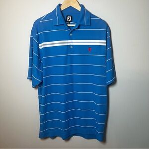 FootJoy FJ Stretch Pique Golf Polo Men’s L Blue Striped Shirt ~ Apple 1923 Logo